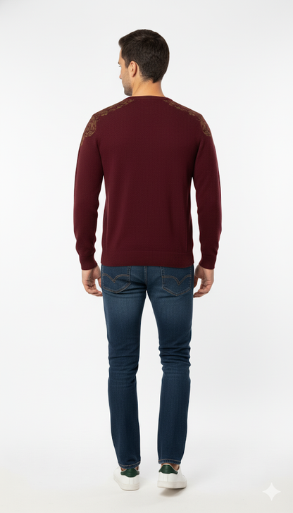 Elegant Maroon V-Neck Sweater with Motif Detail