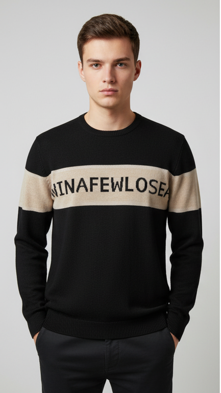 Men's Color-Block Intarsia Knit Sweater - Black & Beige
