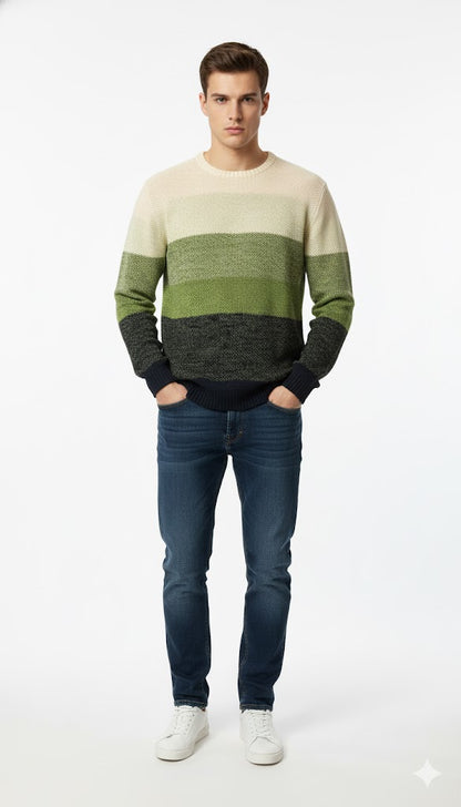 Multi-Tone Striped Knit Sweater in Green Hues.