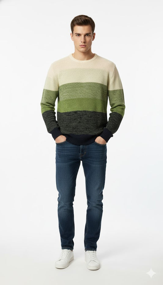 Multi-Tone Striped Knit Sweater in Green Hues.