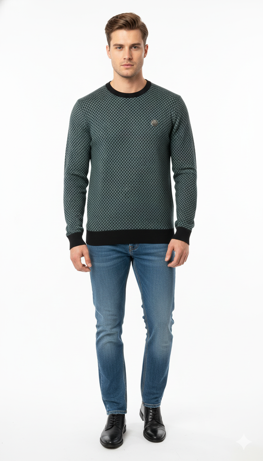 Men's Teal Houndstooth Crew Neck Sweater