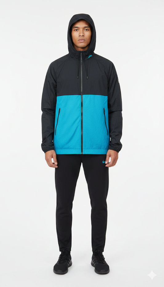 Teal and Black Color-Blocked Windbreaker
