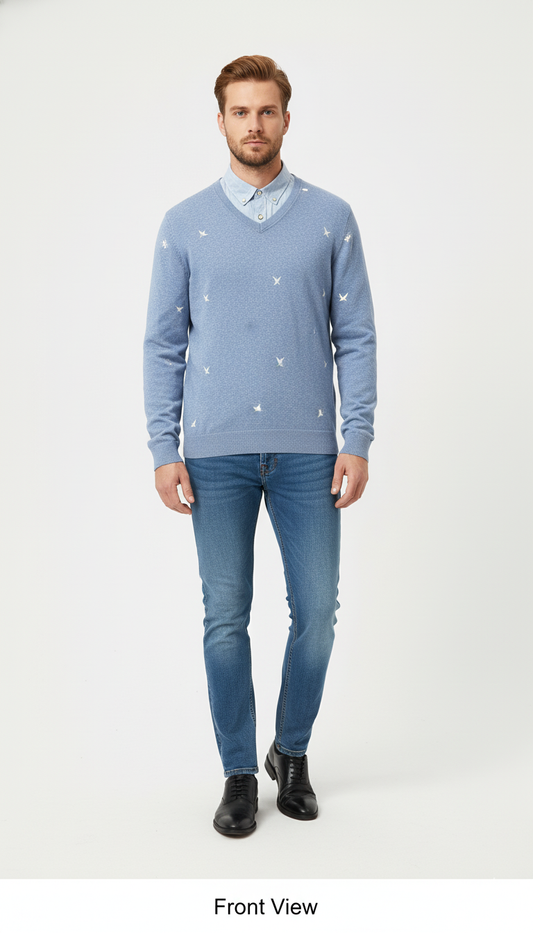 Men's Light Blue Bird-Patterned Sweater