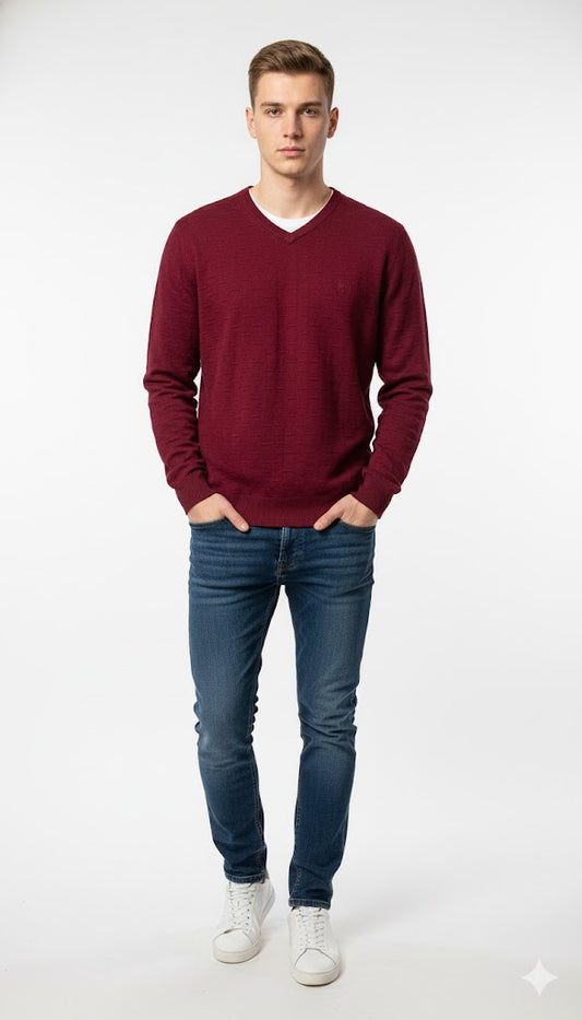 Textured Burgundy V-Neck Sweatshirt