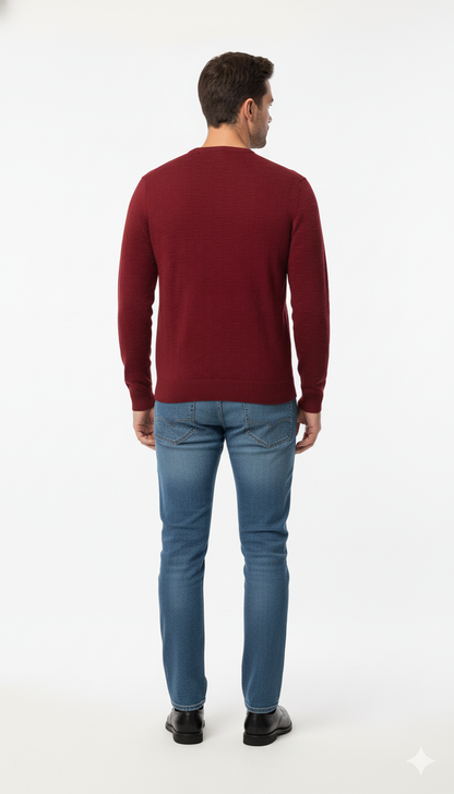 Men's Rich Red Textured V-Neck Sweater