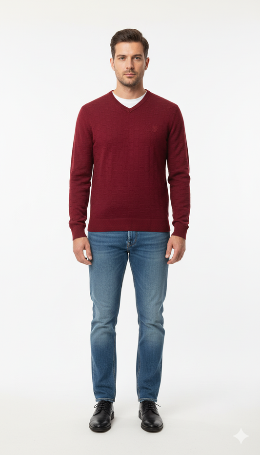 Men's Rich Red Textured V-Neck Sweater