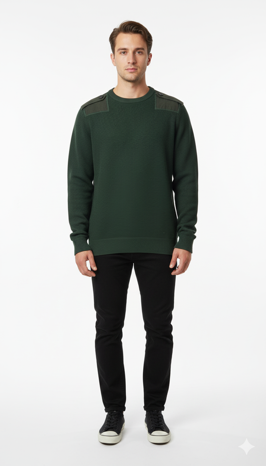 Men's Dark Green Ribbed Crewneck Sweater with Canvas Shoulder Patches