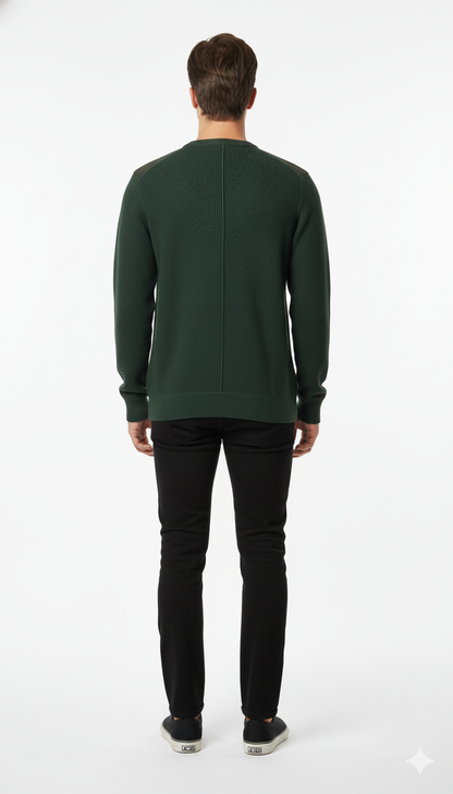 Men's Dark Green Ribbed Crewneck Sweater with Canvas Shoulder Patches