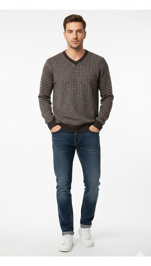 Textured V-Neck Knit Sweatshirt