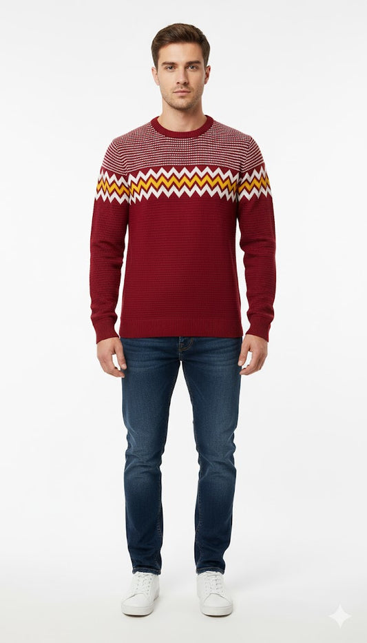 Men's Classic Red Geometric V-Neck Sweater