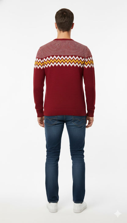 Men's Classic Red Geometric V-Neck Sweater
