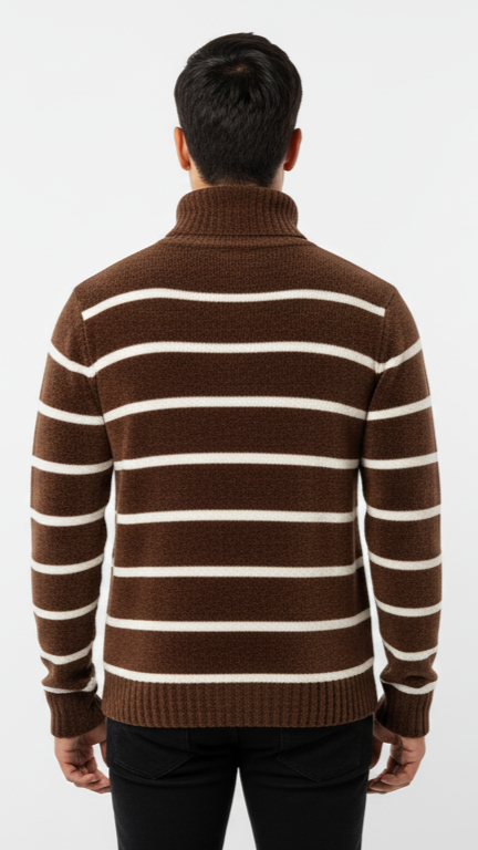 Men's Plush Striped Turtleneck Sweater - Brown & White