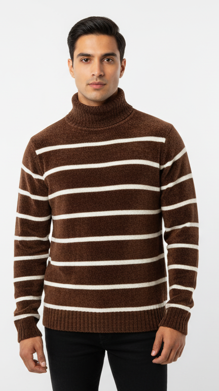 Men's Plush Striped Turtleneck Sweater - Brown & White