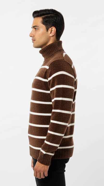 Men's Plush Striped Turtleneck Sweater - Brown & White