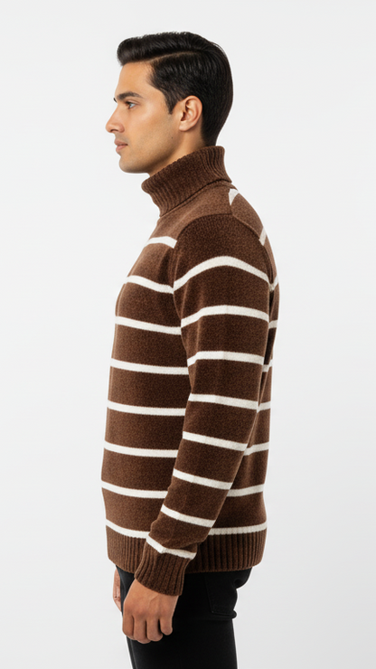 Men's Plush Striped Turtleneck Sweater - Brown & White