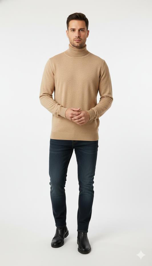 Classic Ribbed Turtleneck Sweater in Beige