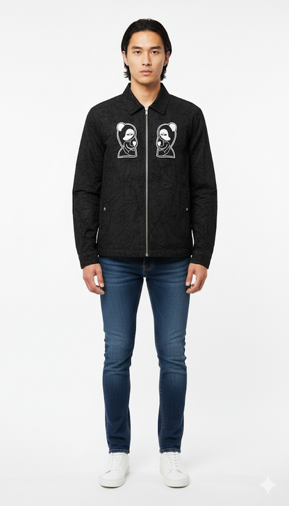 Black Textured Graphic Coach Jacket