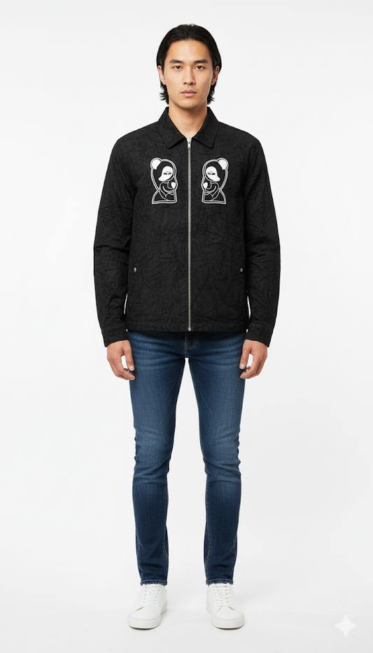 Black Textured Graphic Coach Jacket