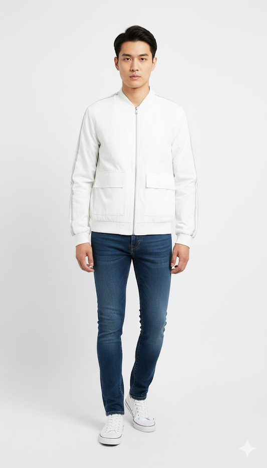 White Utility Bomber with Arm Stripes