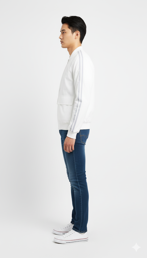 White Utility Bomber with Arm Stripes