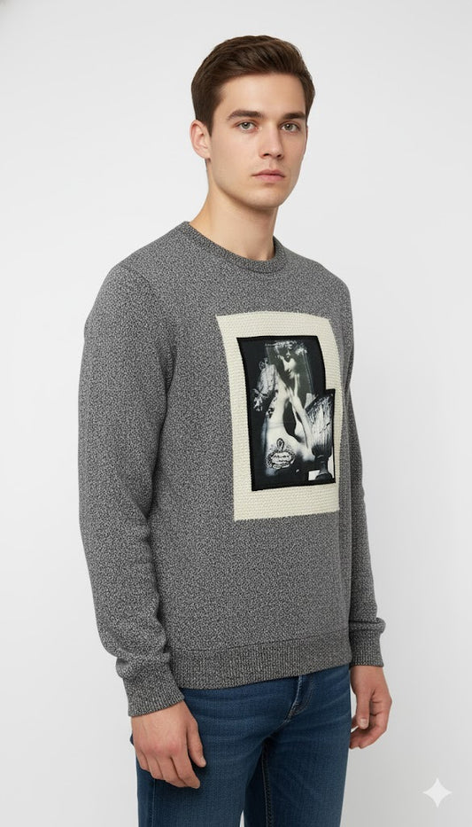 Men's Crew Neck Sweater with Abstract Front Graphic