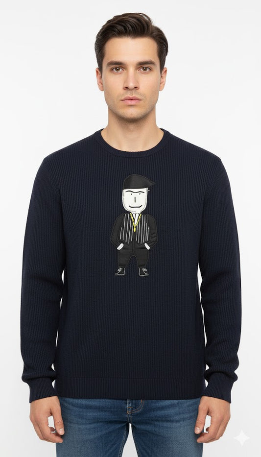 Men's Navy Ribbed Sweater with Cartoon Emblem