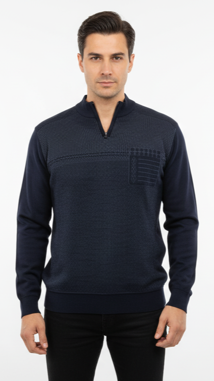 Men's Textured Panel Quarter-Zip Sweater - Navy Blue