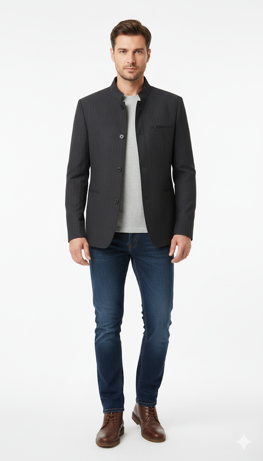 Pinstripe Mandarin Collar Blazer
