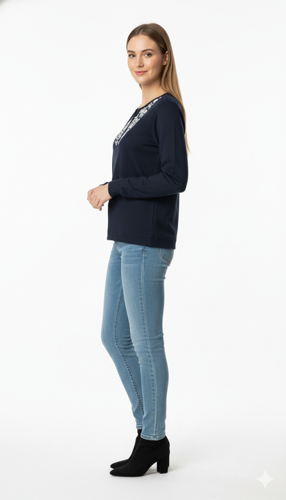 Women's Textured Navy Crewneck Jumper