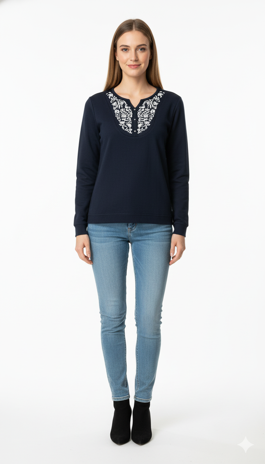 Women's Textured Navy Crewneck Jumper
