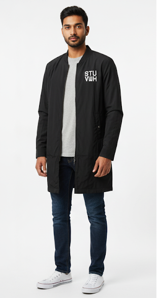 Long Black Graphic Windbreaker