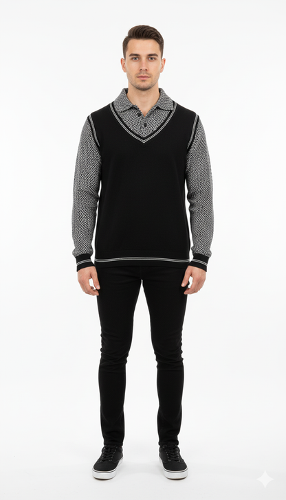 Textured Knit Crewneck Sweater with Shoulder Patch Detail