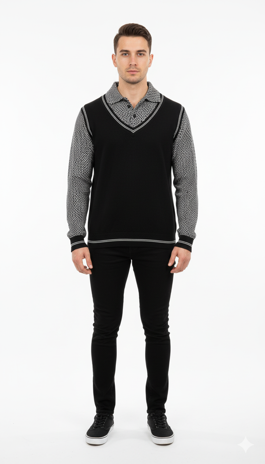 Textured Knit Crewneck Sweater with Shoulder Patch Detail