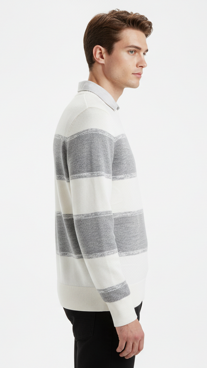 Men's Classic Rugby Stripe Polo Sweater - Grey & White