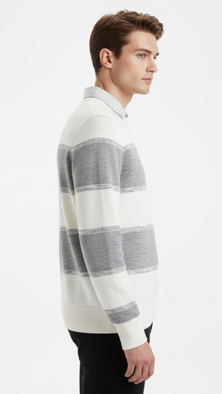Men's Classic Rugby Stripe Polo Sweater - Grey & White