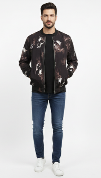 Dark Patterned Graphic Bomber