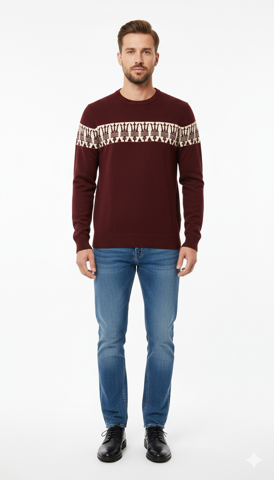 Men's Maroon Textured V-Neck Sweater