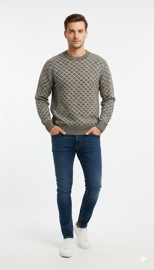 Stylish Micro-Check Knit Crewneck Sweatshirt