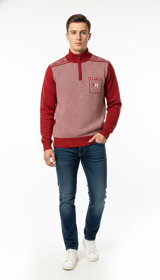 Dynamic Red & White Patterned Quarter-Zip Sweatshirt
