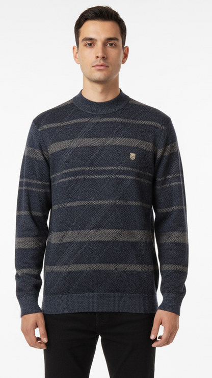 Men's Textured Stripe Mock Neck Sweater - Navy & Grey