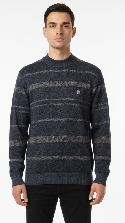 Men's Textured Stripe Mock Neck Sweater - Navy & Grey