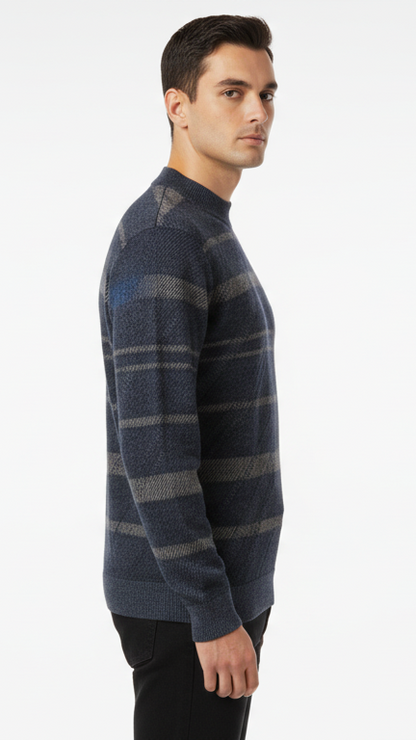 Men's Textured Stripe Mock Neck Sweater - Navy & Grey