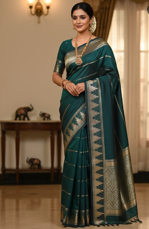 Dark Green Saree with Silver Zari Border