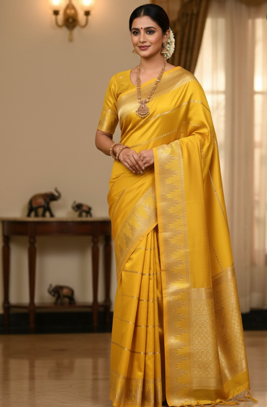 Yellow Saree with Silver Zari Border